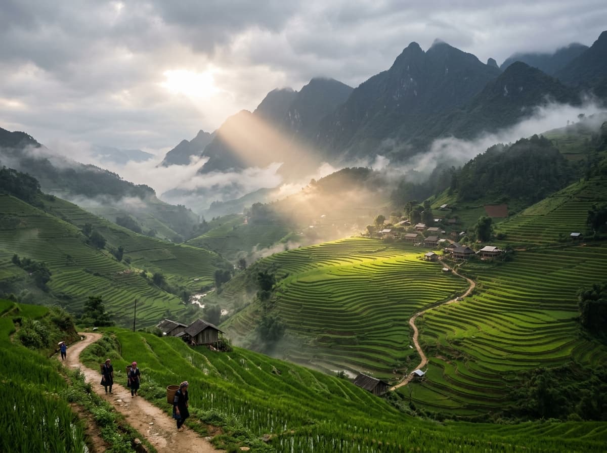 Misty green terraced rice fields cascading down a valley in Sapa, northern Vietnam