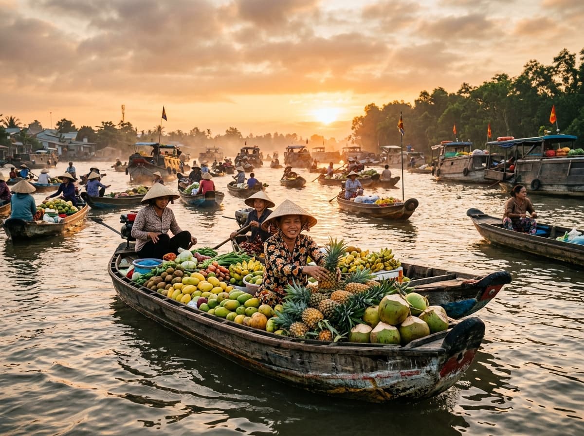 Sunset over the palm trees and rivers of the Mekong Delta in Southern Vietnam