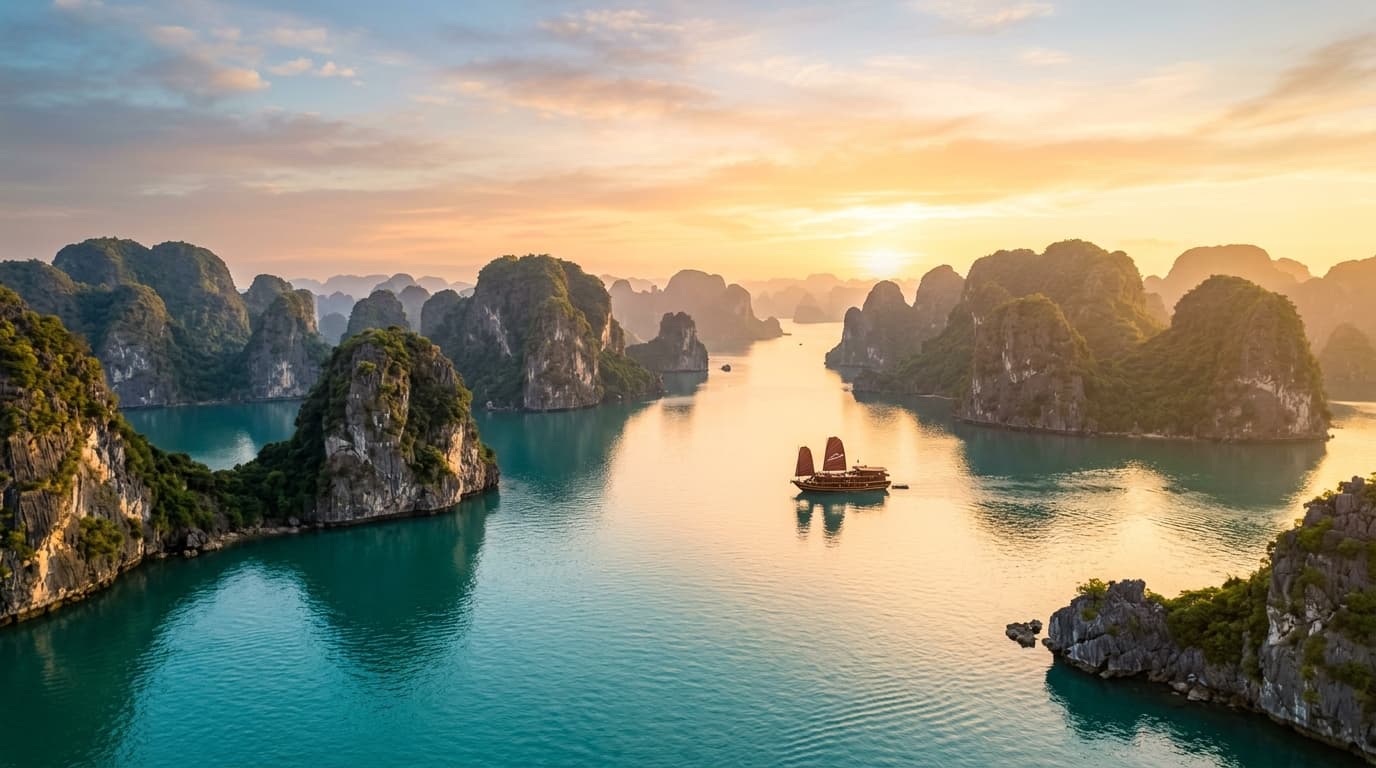Panoramic view of Ha Long Bay limestone karsts with a boutique junk cruise boat at sunset