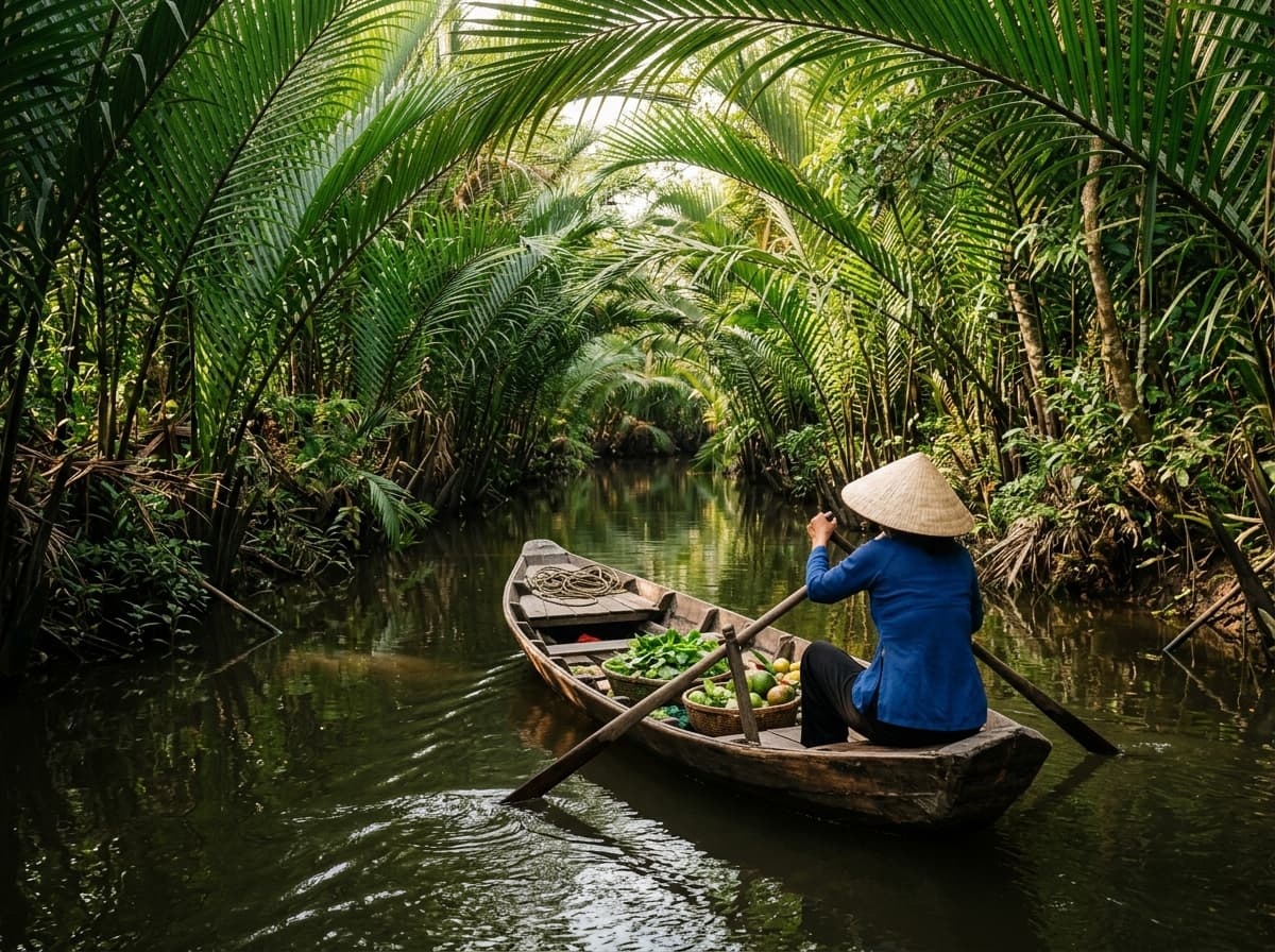 A boatwoman paddles a produce-laden sampan through a palm-canopied Mekong Delta canal